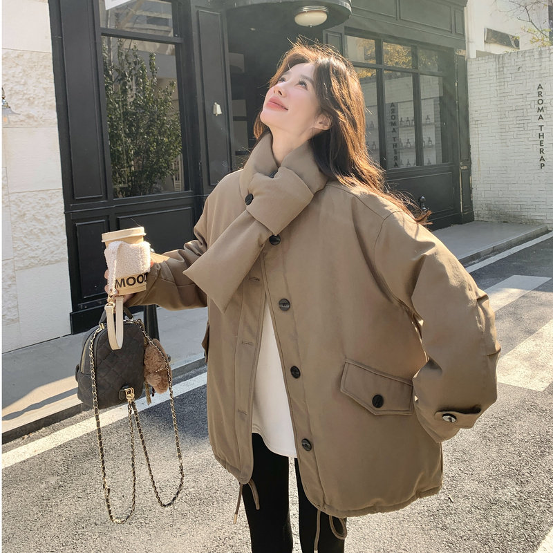卡其色围脖工装羽绒服女冬2025新款超火好看高级小众加厚中长外套,女装羽绒服,2B227