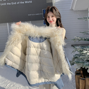 羊羔毛领蓝色座山雕派克羽绒服女冬超好看高级感加绒加厚工装外套图片
