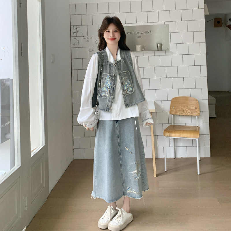 26春全新2b227汉衫刺绣牛仔马甲半身裙三件套391P195K318,女装大码女装,2B227