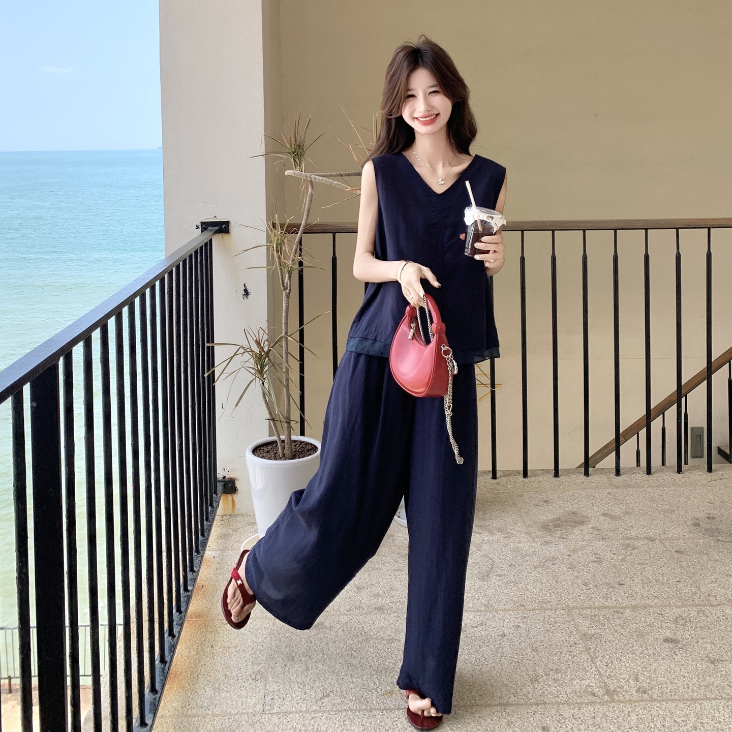 慵懒松弛感休闲套装女2025年夏季新款设计感拼接背心阔腿裤两件套，商品下架区商品下架区，浙宝165