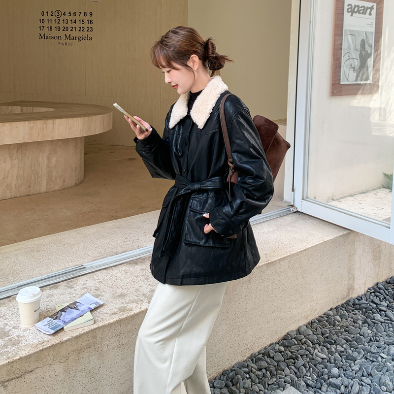 冬全新现货165法式羊羔毛拼接皮中长款外套293P190K285，女装皮衣，浙宝165