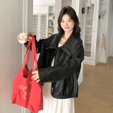 黑色好看高级感娃娃领机车皮衣夹克女春新款小个子休闲显瘦短外套，女装皮衣，浙宝165