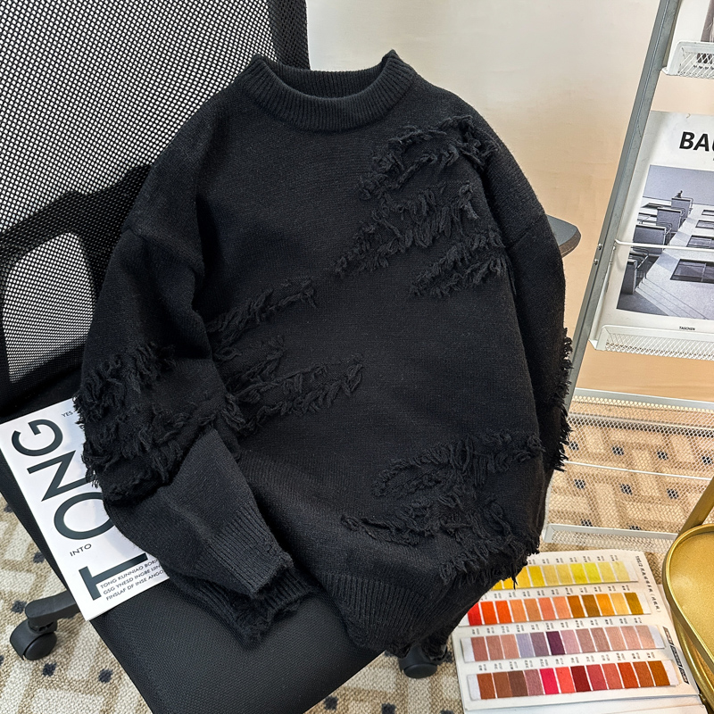 百搭针织男装毛衣秋冬长袖打底新款套头衫加厚纯色潮流衫休闲流苏