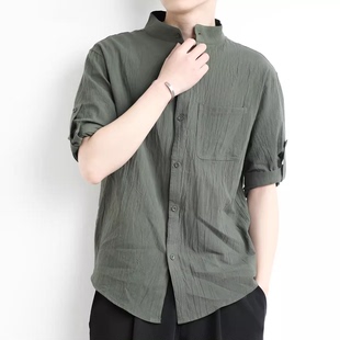 男短袖 休闲外套长袖 衬衣宽松男士 男装 上衣 简约风春秋薄款 棉麻衬衫