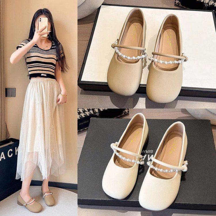 法式缎面低跟婚鞋珍珠一字带玛丽珍单鞋粗跟方头女鞋伴娘新娘鞋子