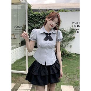 收腰褶皱修身 法式 女夏季 polo领短袖 显瘦衬衣设计感小众jk上衣 衬衫
