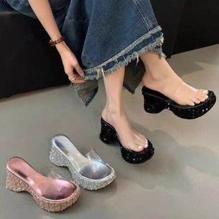 小个子增高超高跟鞋 闪面亮片女夏季 坡跟透明松糕底厚底沙滩凉拖鞋