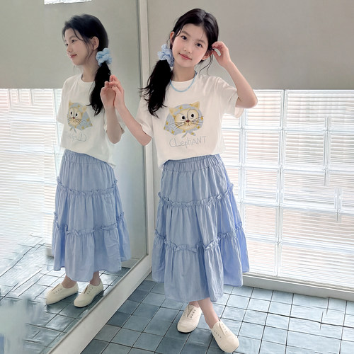 夏天超好看女童短袖半身裙套装