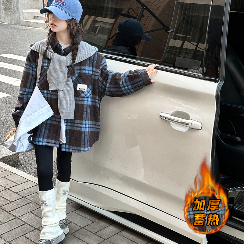 女童加棉加厚格子衬衫外套秋冬装