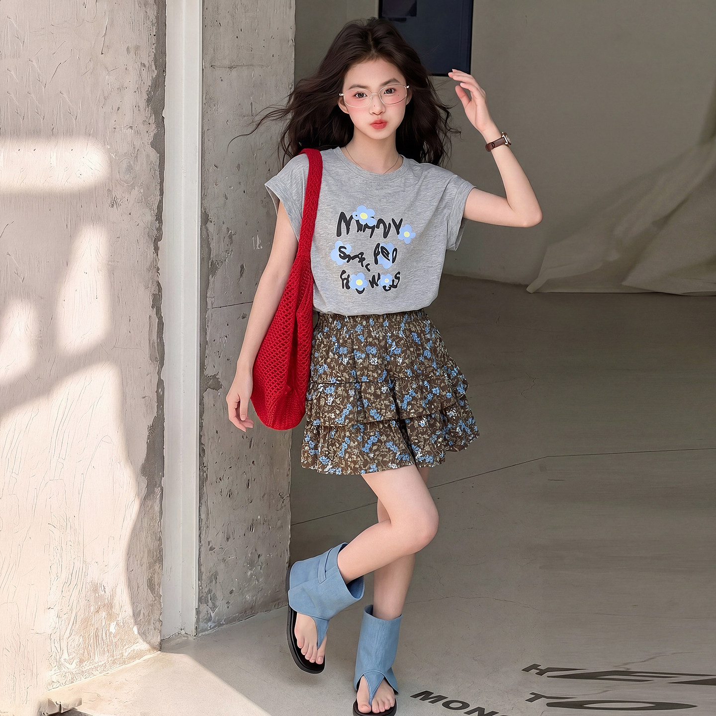 女童夏季套装2026年新款中大童韩系短袖T恤女孩洋气时髦碎花短裙