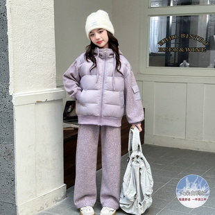 女童白鸭绒羽绒服连帽外套冬季2025新款洋气保暖加绒休闲裤子套装