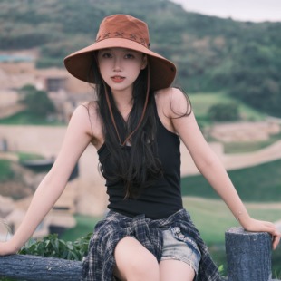 美式 复古西部牛仔帽女穿搭夏户外登山旅游大帽檐遮阳帽防晒渔夫帽