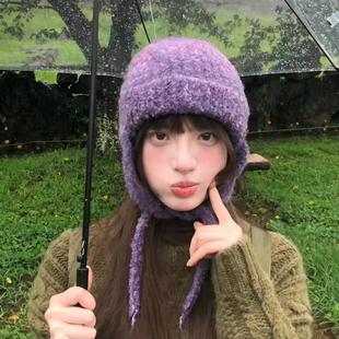 新款秋冬季韵味圈圈纱渐变色飞行帽女保暖护耳毛线帽雷锋帽子川西