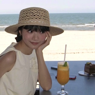 拉菲草镂空法式 出游度假遮阳帽太阳帽 优雅女手工编织平顶草帽夏季