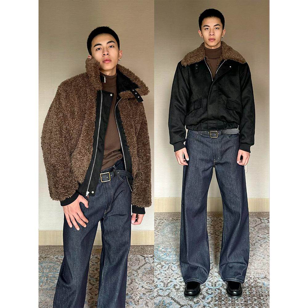 黑麂皮绒复合浣熊皮草夹克