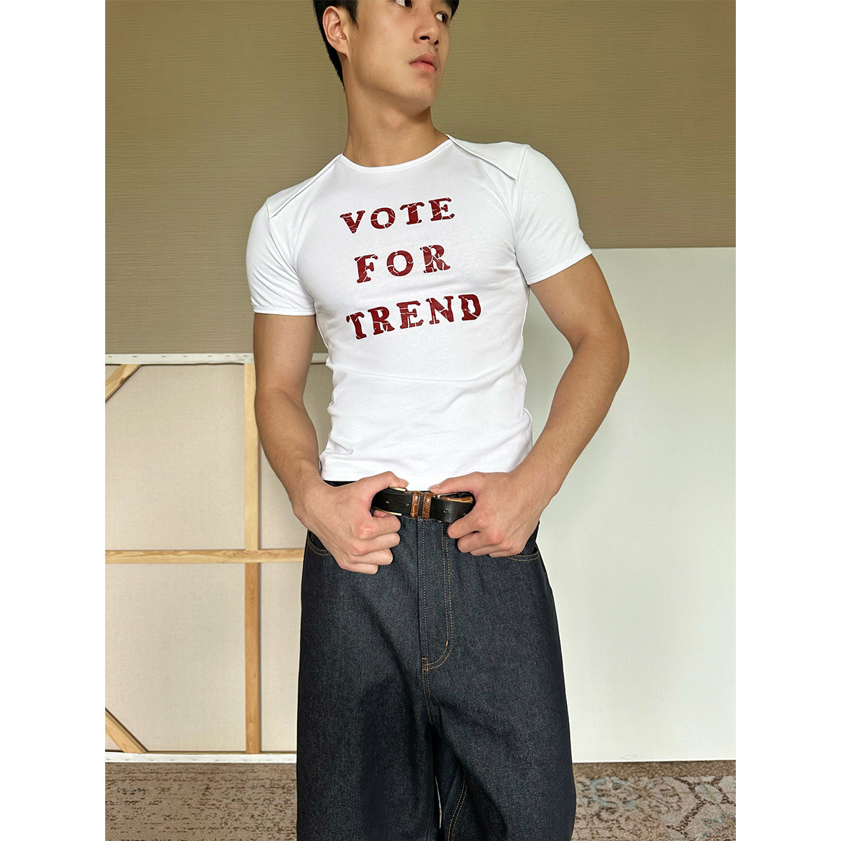 TRENDYWU 美式复古“梦核”叠层C领字母印花弹力修身亲肤棉短袖