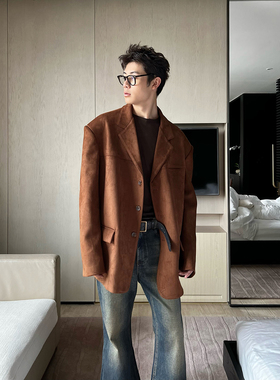 TRENDYWU 新品老钱复古麂皮绒复合美拉德加厚廓形垫肩厚西服外套