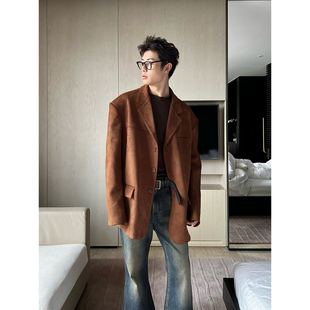 TRENDYWU 老钱复古麂皮绒复合美拉德加厚廓形垫肩厚西服外套 新品