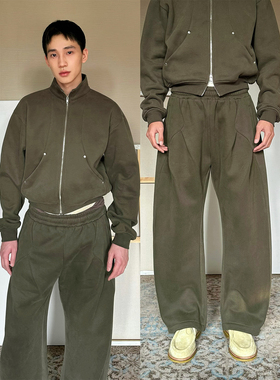 TRENDYWU 美式复古“格林”拼接加绒400克棉弯刀卫衣裤运动套装