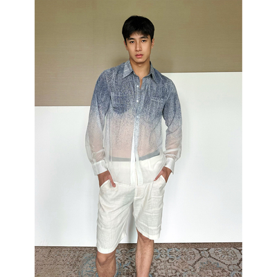 法式托斯牛仔渐变透纱中性衬衫
