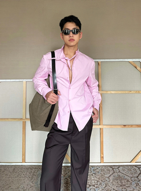 TRENDYWU 法式新钱“泽西”干枯玫瑰粉刀割镂空领结典雅休闲衬衫