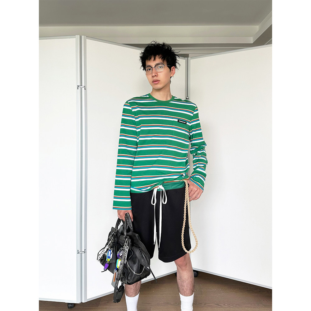 logo长袖条纹胶标T恤TRENDYWU