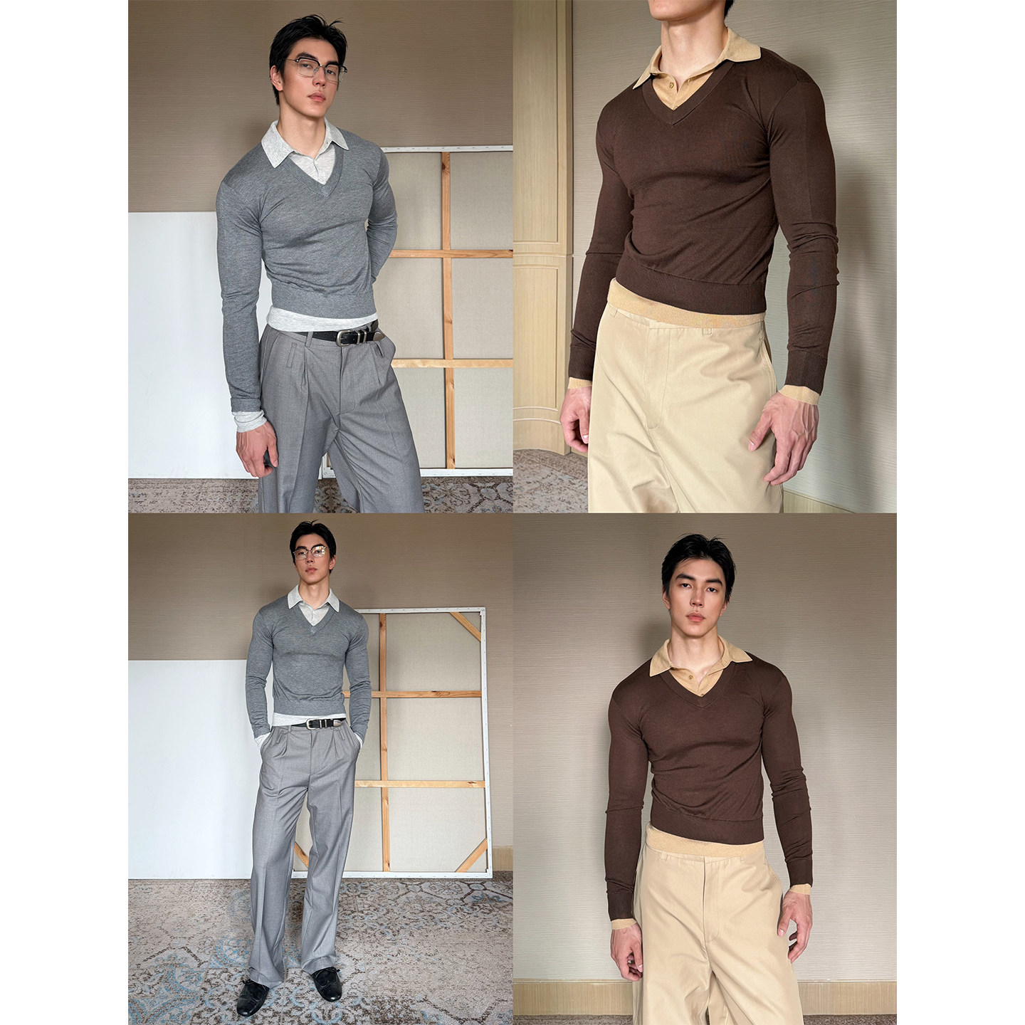 TRENDYWU男假两件拼接叠穿毛衣