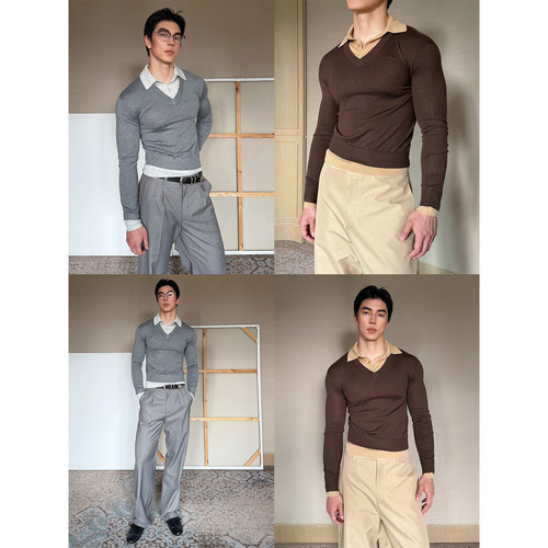 TRENDYWU男假两件拼接叠穿毛衣