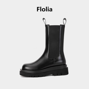 法国Flolia mona真皮马丁靴女小个子中筒烟筒靴厚底切尔西短靴子