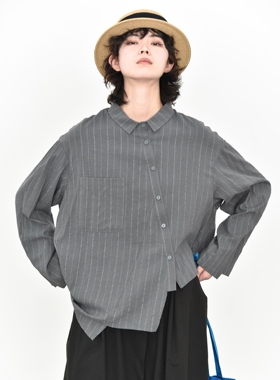 【三与二出】不对称斜门襟缺口下摆设计小众条纹26早春衬衫56866