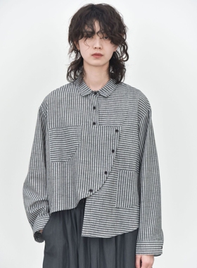 【三与二出】日系小众文艺复古不对称横竖拼接条纹撞色衬衫56822