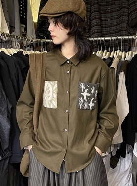 三与二出面料拼接创意口袋小众设计25冬季新款保暖磨毛衬衫89695