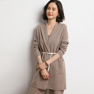 川玖名品山羊绒衫女针织开衫中长款纯色毛衣外套宽松慵懒风秋冬季