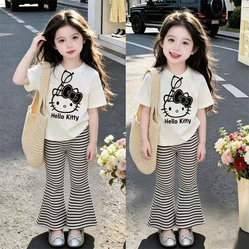 女童新款夏季套装2026爆款KT猫短袖T恤条纹喇叭长款裤超萌两件套