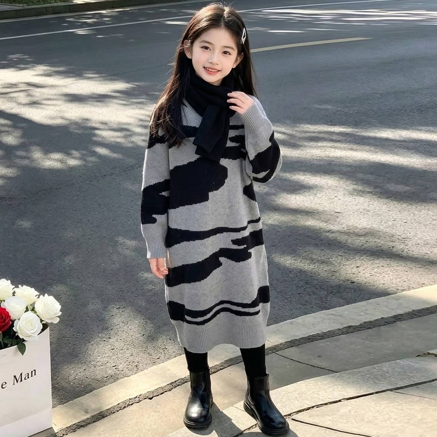 女童斑马纹针织连衣裙2026中大童