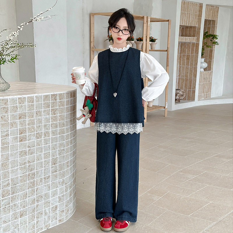女童小香风牛仔马甲套装秋装儿童