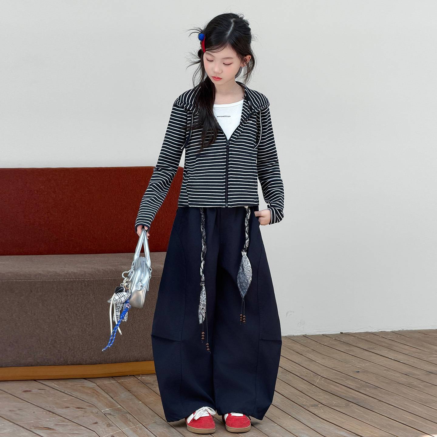 女童春秋款条纹假两件开衫套装