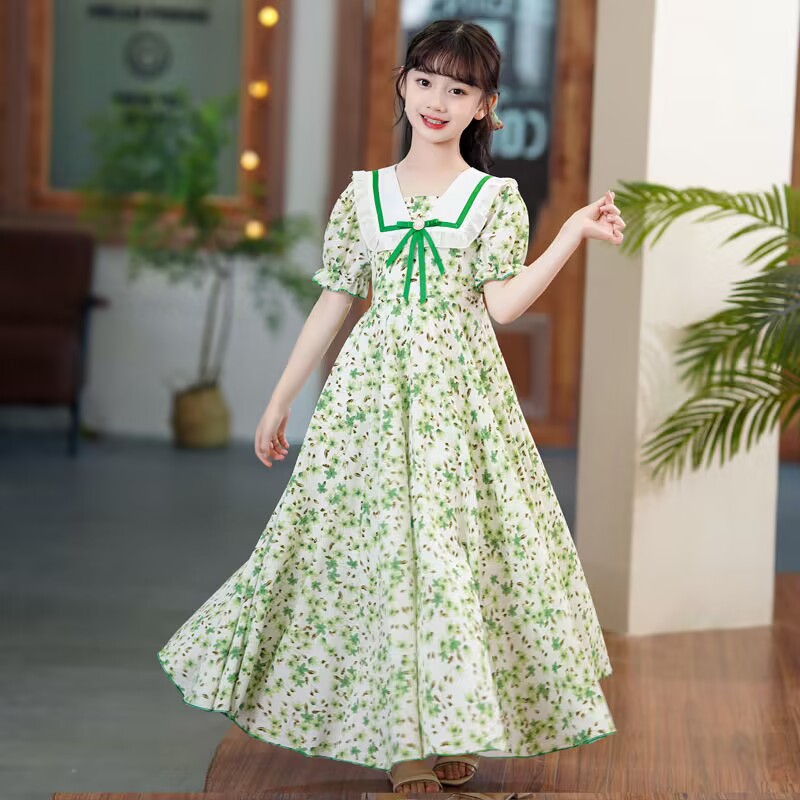 女童连衣裙夏装短袖碎花雪纺长裙