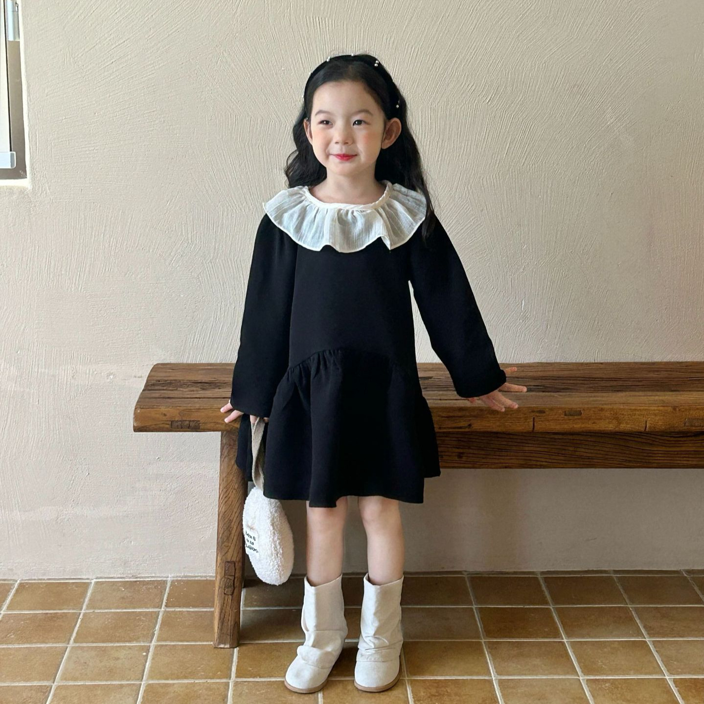 2025夏季新款童装韩版童装女童纯色长袖连衣裙夏款童裙衬衫礼袋棉