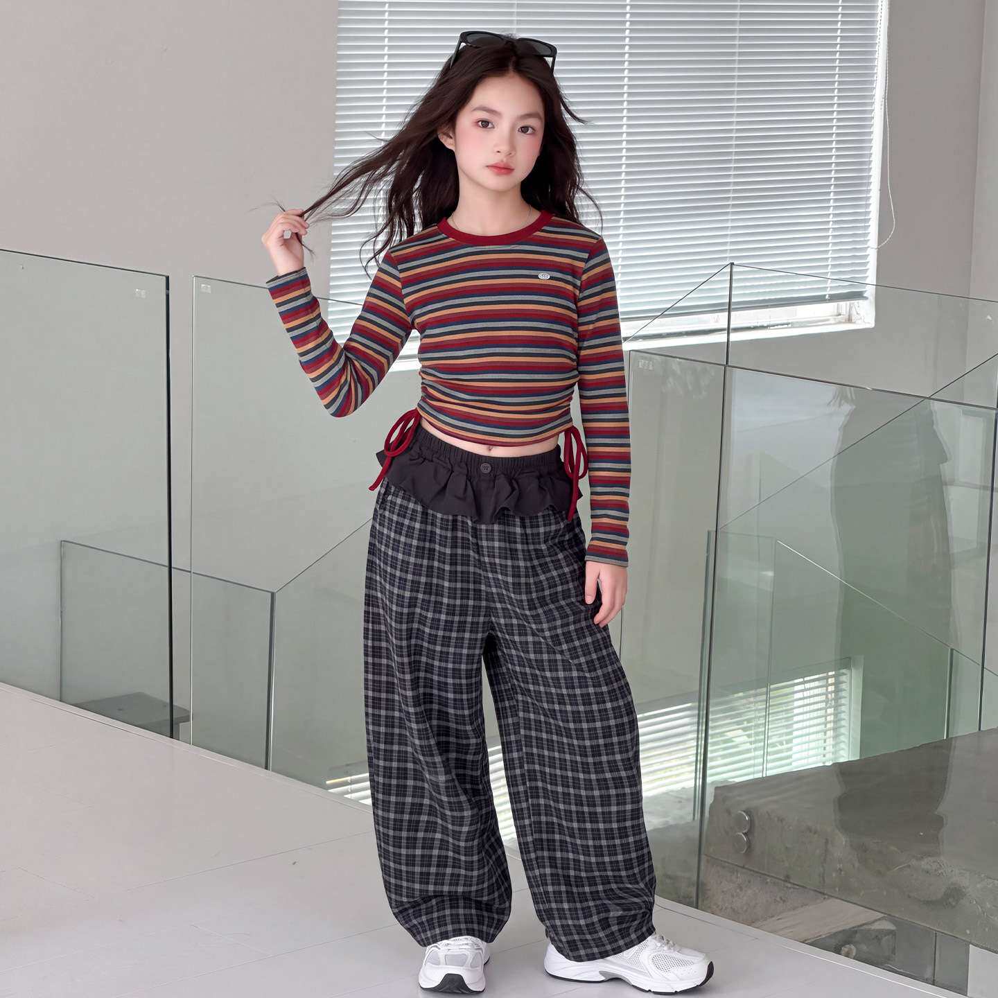 女童秋季条纹长袖T恤格子阔腿裤