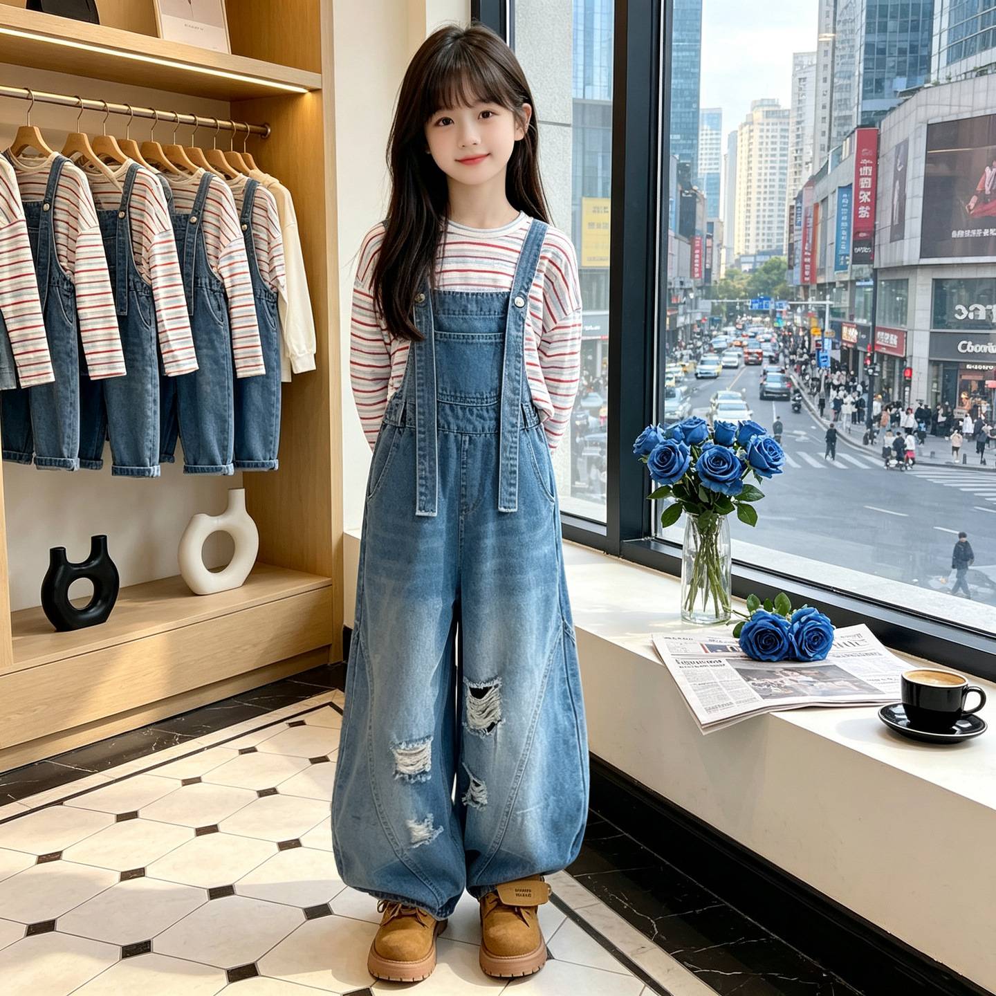 女童破洞慵懒牛仔背带裤条纹T