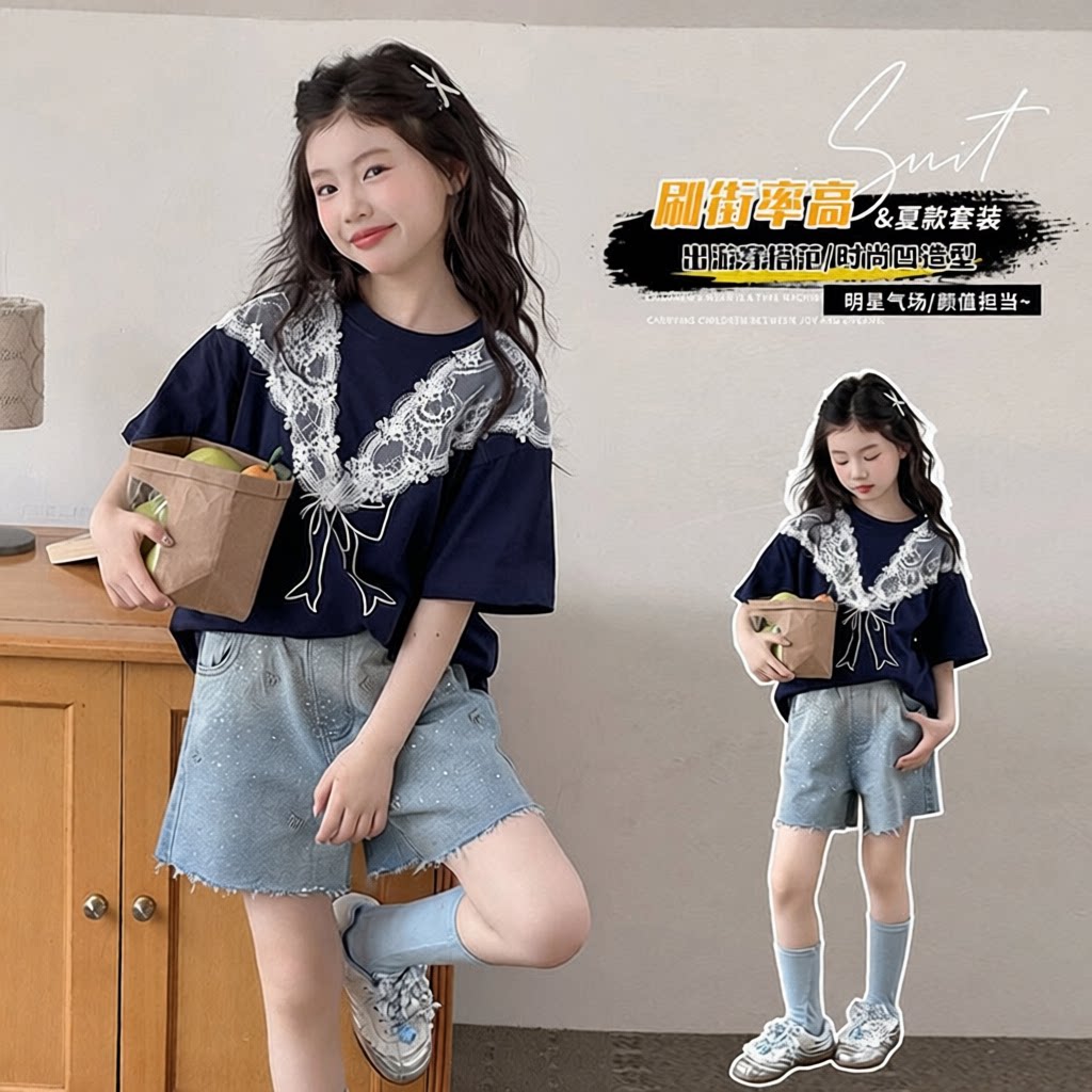 女童夏季新款中大童蕾丝披肩