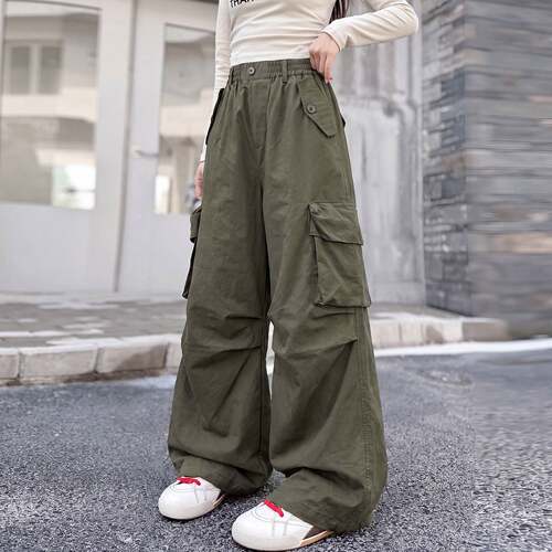 女童春秋军绿色工装裤2026新款