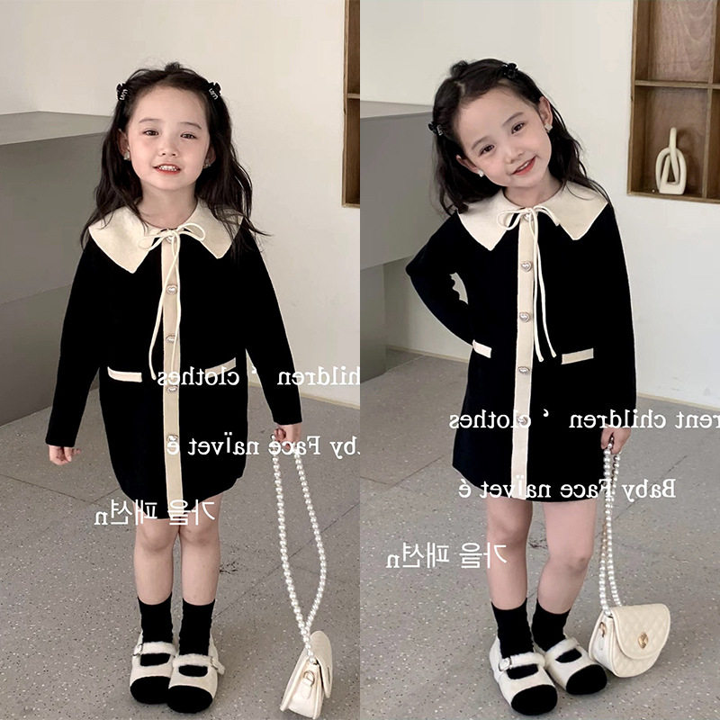 女童针织连衣裙2026春季新款小香风洋气翻领外套裙儿童气质毛线裙