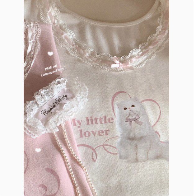 女童软糯猫咪蕾丝上衣吊带泡泡袖内搭甜妹打底T恤白色背心