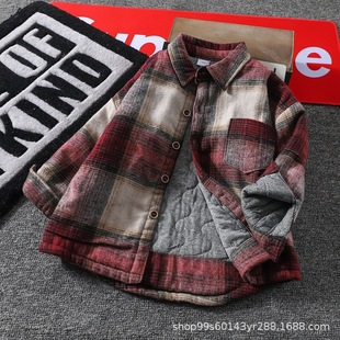 秋冬款男童加绒衬衫夹棉儿童一体绒冬季保暖衬衣磨毛格子秋冬新款