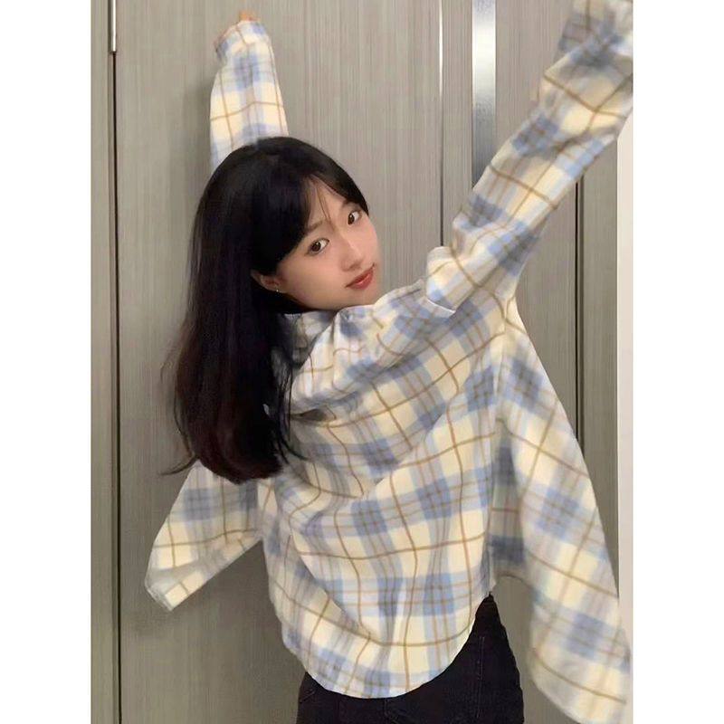 新款秋季女童衬衫薄款中大童美式外穿防晒蓝色格子外套甜美小清新