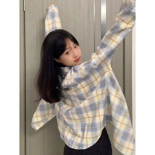 新款秋季女童衬衫薄款中大童美式外穿防晒蓝色格子外套甜美小清新