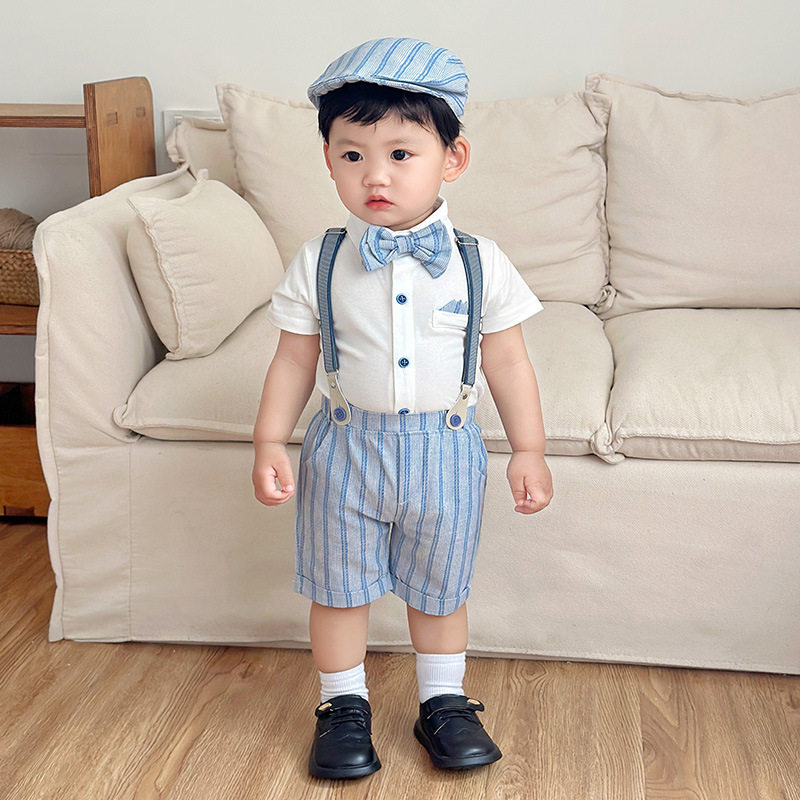 2026欧美哈衣短袖短裤带帽三件套儿童服装小宝宝夏季礼服男童套装