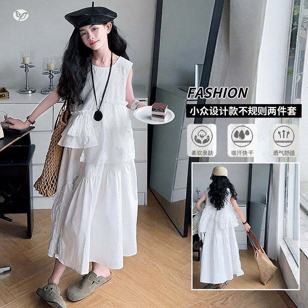 女童无袖套装夏季新款甜美花边